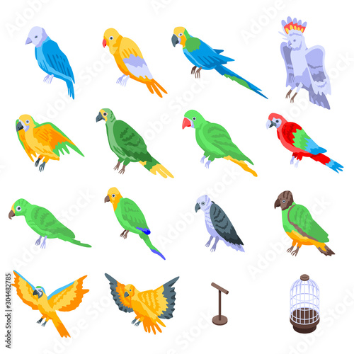Parrot icons set. Isometric set of parrot vector icons for web design isolated on white background © ylivdesign