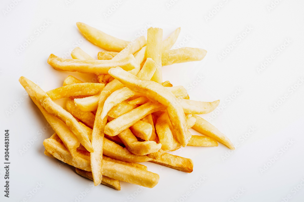 heap of fresh golden french fries on white background heap of fresh golden french fries on white background