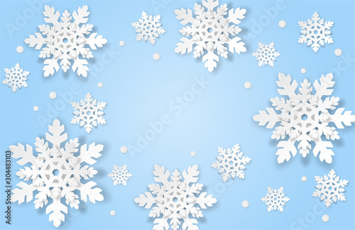 Merry Christmas , winter  background . Design with paper art style snowflakes on blue background .vector, illustration.