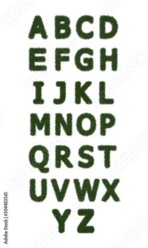Alphabet made from green grass. Letters on a white background. 3D rendering