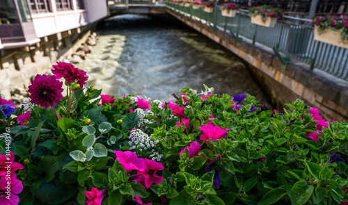Chamonix Mont Blanc Village, Arve river, France. Famous ski resort in Alps mountains, France. Summer landscape.