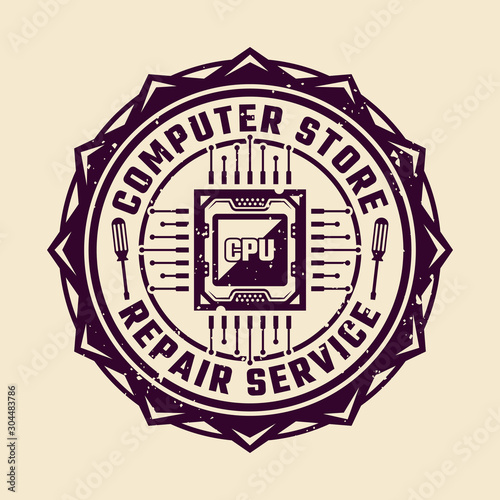 PC repair service vector round emblem with CPU