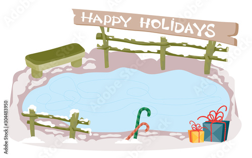 Winter ice rink with a bench. It is a background for a happy new year or Christmas card,
