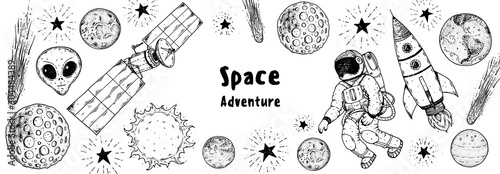 Hand drawn space vector illustration. Planets, rocket, satellite, cosmonaut illustration. Space elements. Hand drawn sketch