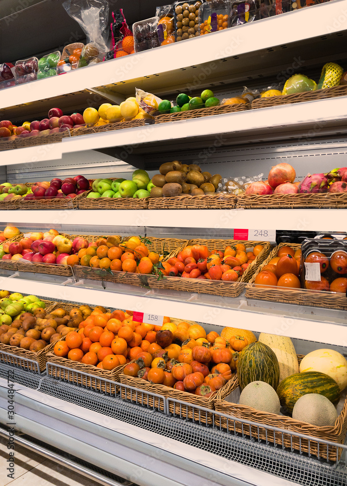 fresh fruits in shop shelves