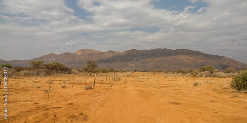 Weites, trockenes Buschland mit gelbem Sand und Bergkette im zentralen Namibia, Afrika