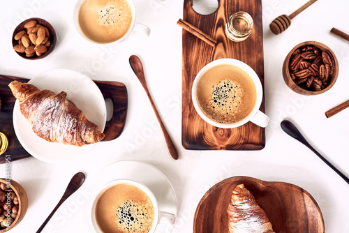 french breakfast, coffee and croissant, pattern top view. Good morning concept