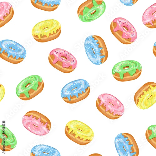 Vector seamless pattern of Donuts with blue, pink, yellow glaze and sugar icing on white background. Cartoon flat backdrop with dessert for sweet shop, Donut Day poster, print, textile. 