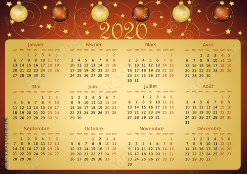 Calendrier 2020 simple - facilement éditable