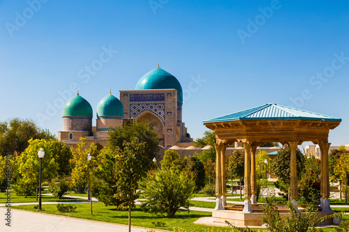 View of the memorial complex Dor-ut Tilovat, Kuk-Gumbaz mosque and square with Shahrisabz gazebo. Uzbekistan