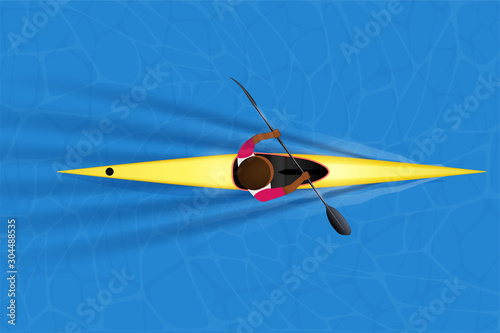 Sprint Single Kayak with paddler inside on water surface. Top view of Equipment whitewater kayaking with african american athlete. Vector Illustration isolated on white background.