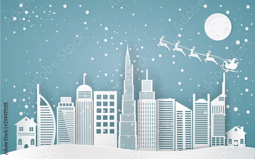 Christmas and happy new year Paper art design blue vector background with cityscape and fireworks celebration concept