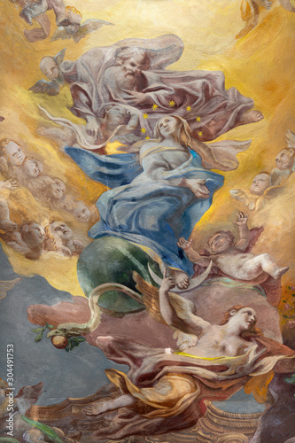 COMO, ITALY - MAY 8, 2015: The fresco of Assumption of Virgin Mary in church Santuario del Santissimo Crocifisso.