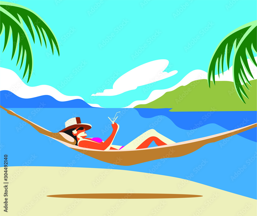 flat design Beautiful young woman tanning, with sunglasses, hat, at the beach, retro style. Pop art. Summer