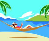 flat design Beautiful young woman tanning, with sunglasses, hat, at the beach, retro style. Pop art. Summer