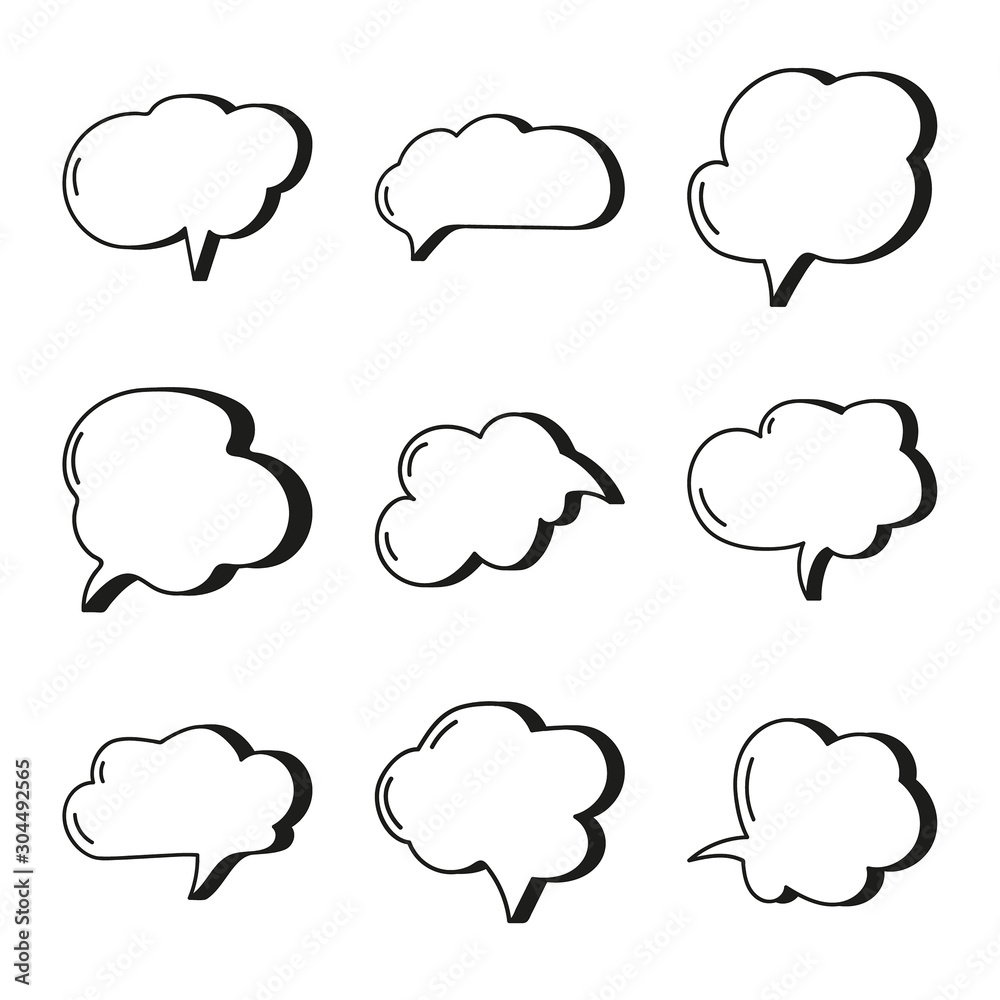 Vector set of hand drawn speech bubbles. Doodle style speaking bubbles isolated on white background. Vector set of hand drawn speech bubbles. Doodle style speaking bubbles isolated on white background.