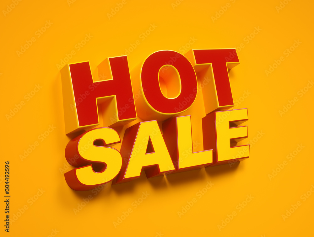 Hot sale logo, Hot Sale Banner, Discount 50%, red yellow banner, sale market label, special offer. 3d Rendering.