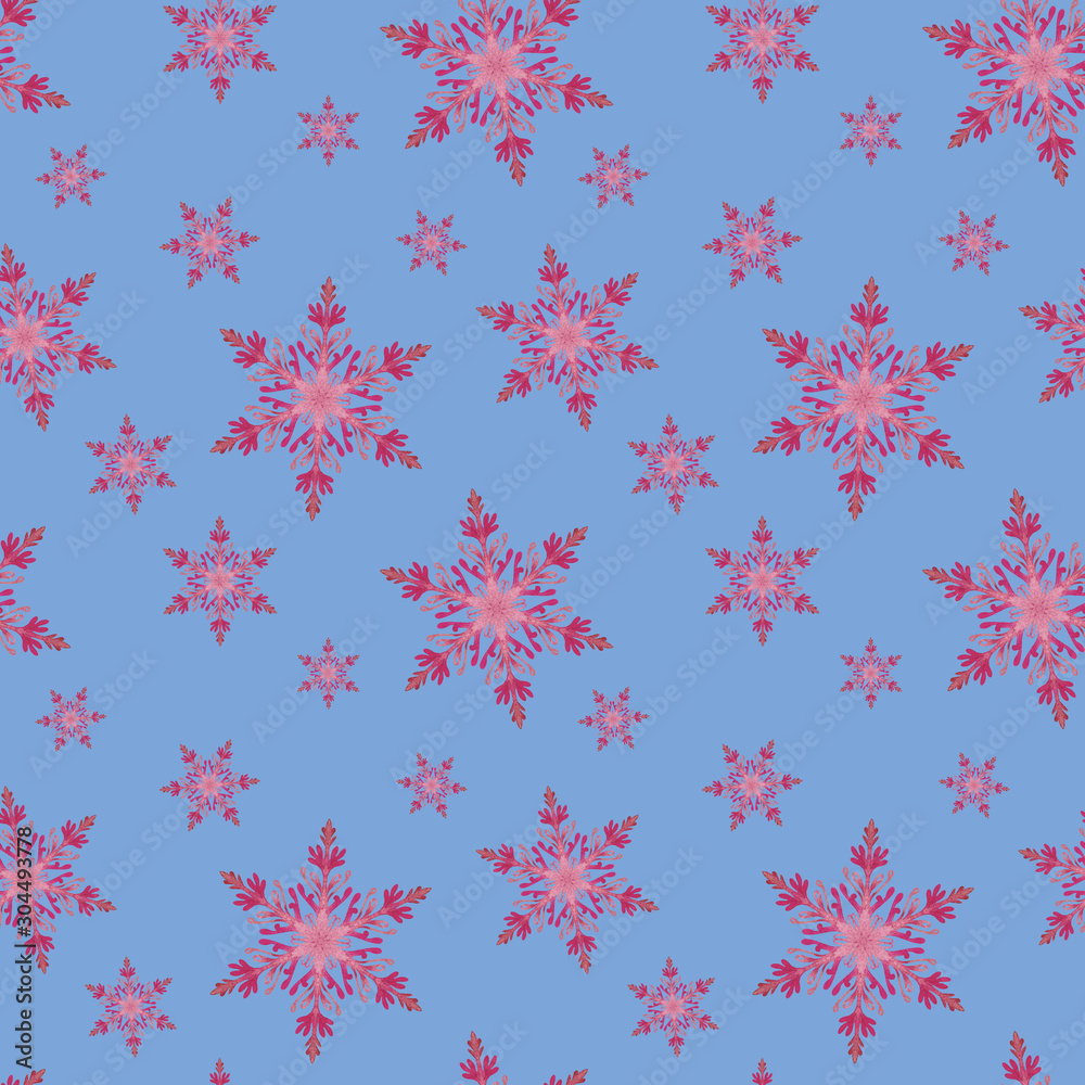 Seamless pattern of pink snowflakes on a blue background. Christmas texture for wrapping paper, wallpaper, and fabric design - obrazy, fototapety, plakaty 