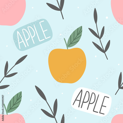 Apples fruits seamless pattern for print, textile, fabric. Modern kids fruits illustration background.