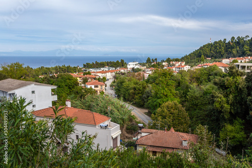 Fototapeta Naklejka Na Ścianę i Meble -  Beautiful aerial top view of scenic small town of Greece. Horizontal color photography.