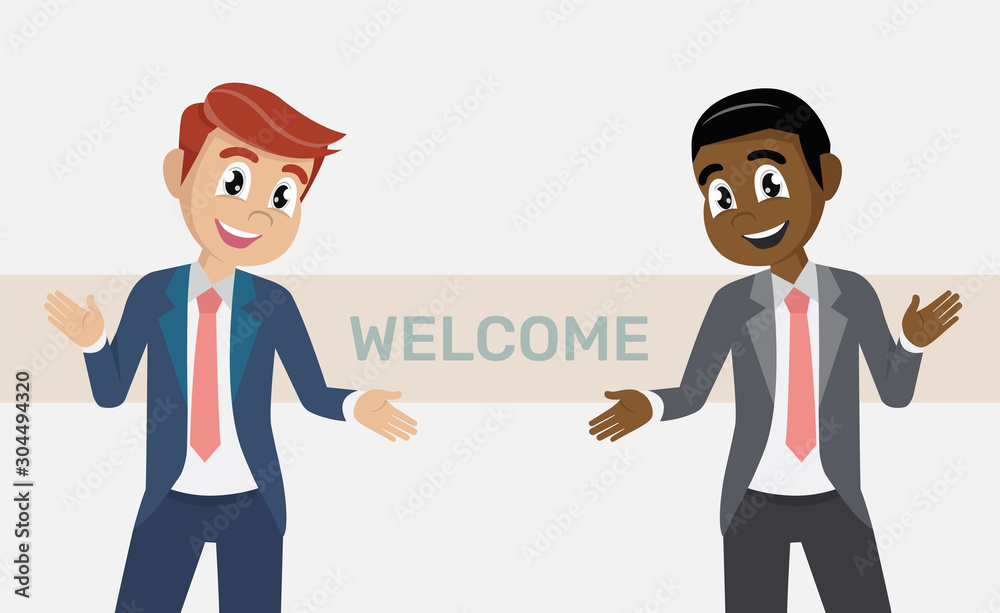 Cartoon character, businessman or manager opens his arms. Meeting, welcome concept. Cartoon character, businessman or manager opens his arms. Meeting, welcome concept.