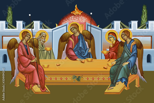 The Hospitality of Abraham. Holy Trinity. Illustration in Byzantine style.