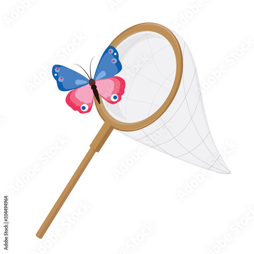 Butterfly net and colorful butterflies. Classic net design, wooden handle. Vector illustration isolated on white background.