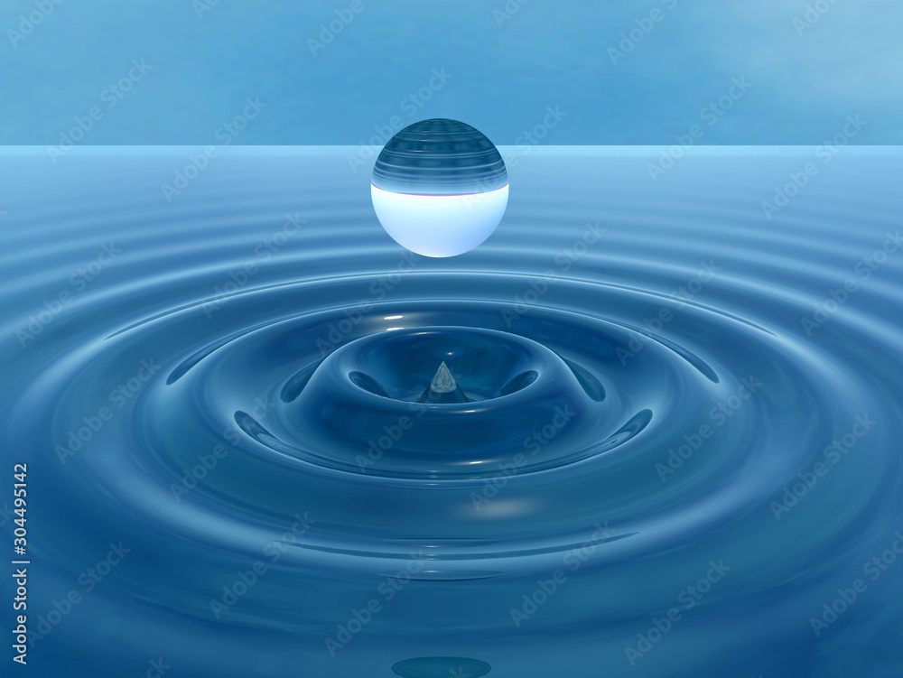 3d illustration. Blue sphere above the clear water surface. 3d illustration. Blue sphere above the clear water surface.