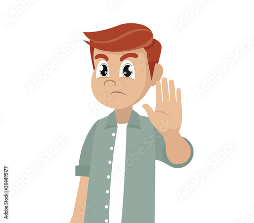 Cartoon character, Serious man shows stop gesture.