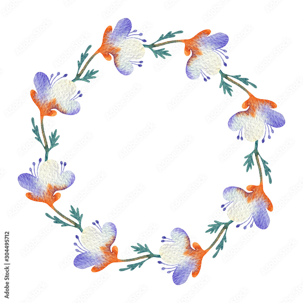 Wreath of watercolor flowers isolated on a white background. Round floral frame