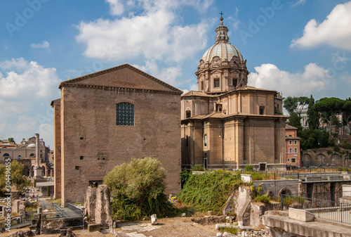 Curia Julia senate house and Chiesa dei Santi Luca e Martina, Roman Forum, Rome, Italy.
