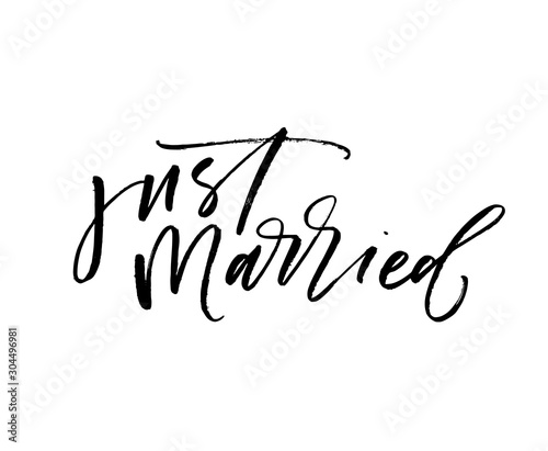 Just married postcard. Hand drawn brush style modern calligraphy. Vector illustration of handwritten lettering. 