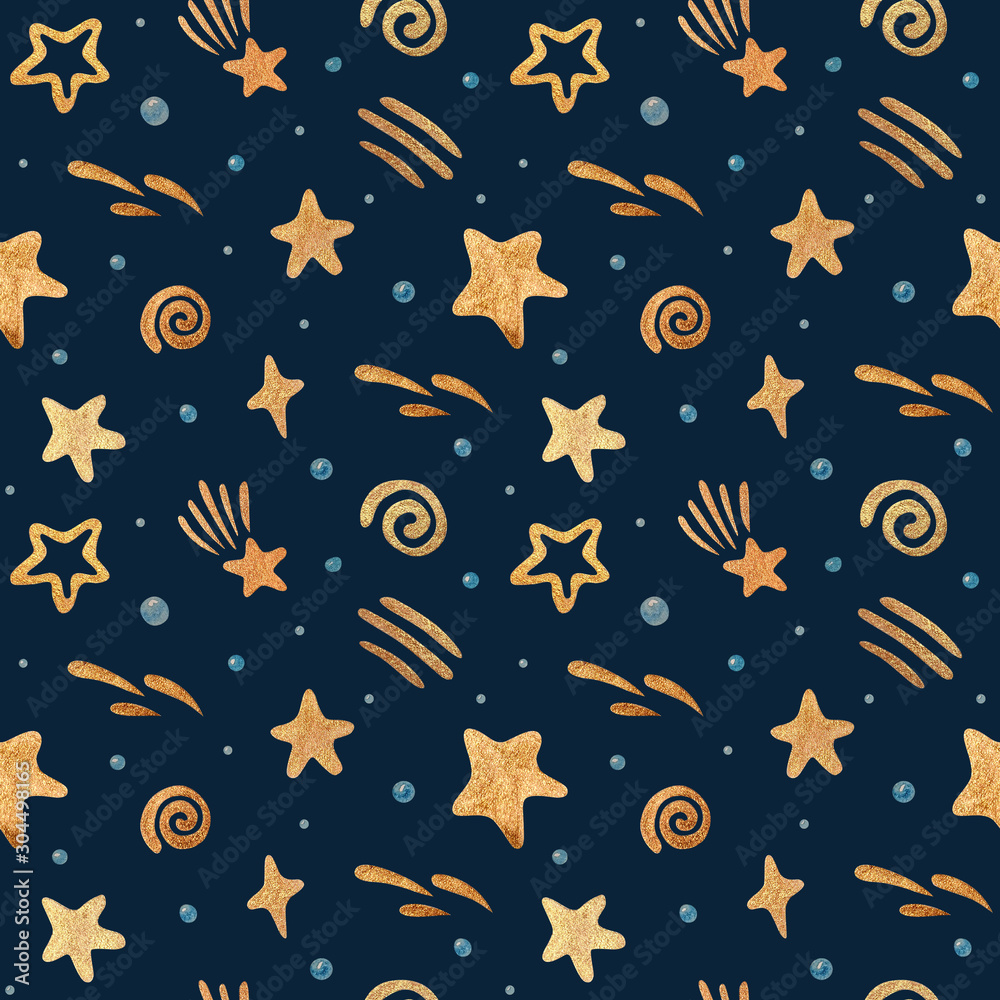 Watercolor seamless pattern with the gold stars. Gold watercolor on the dark background. Kids watercolor night illustration. Ideal for children's textiles, cards, posters, backdrops.