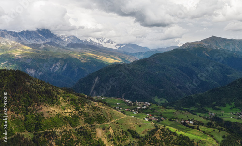 Beautiful summer landscape with mountains of Svaneti Georgia with valley and woods