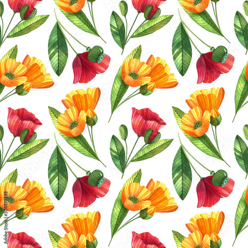 Watercolor seamless pattern with poppies  buttercups and leaves. Bright floral background with flowers and buds.