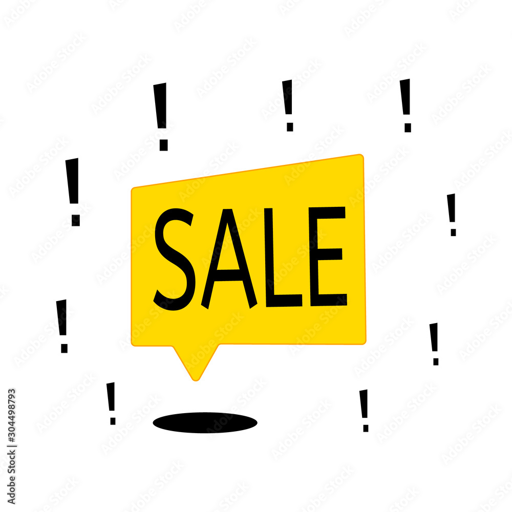 Sale banner. Advertising shopping poster. Text in yellow cloud shape on white background with exclamation marks. Flat vector illustration.