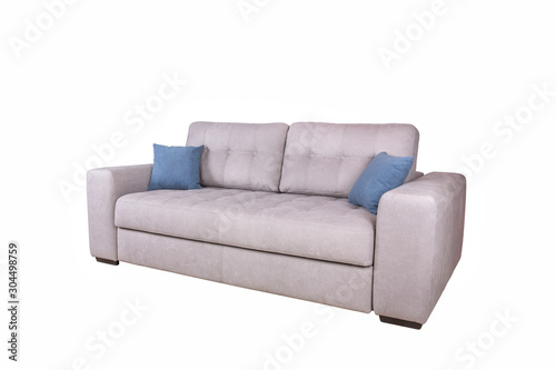 Double sofa of light material with blue cushions