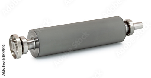 Anilox also called a raster cylinder isolated on white background with shadow reflection - clipping path. This ceramic coated roller is at the heart of the flexographic printing process. photo