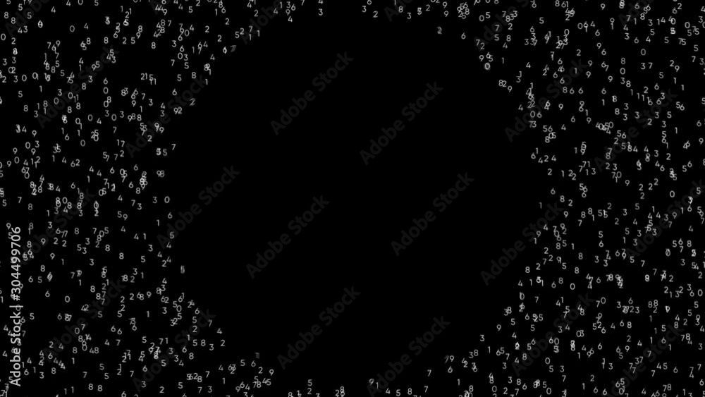 Abstract white different small numbers moving chaotically on black ...