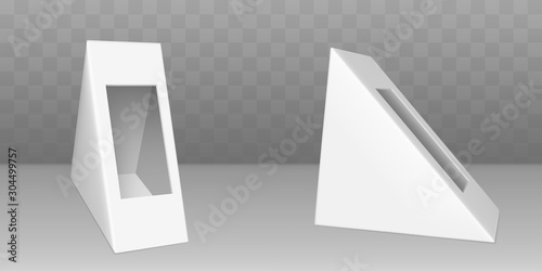 Triangle cardboard pack for sandwich with clear plastic film window. Vector mockup with realistic blank packaging box for takeaway breakfast, lunch, snack isolated on transparent background