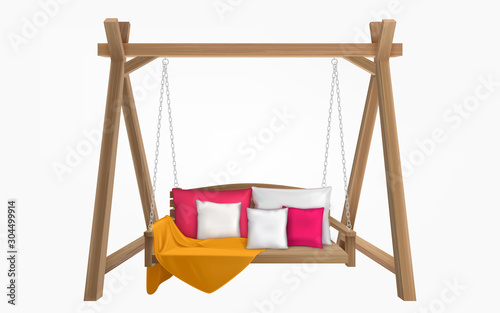 Wooden porch swing with pillows and yellow blanket. Vector swing bench furniture with cushions for outdoor, garden and patio. Comfortable hammock hanging on frame isolated on white background