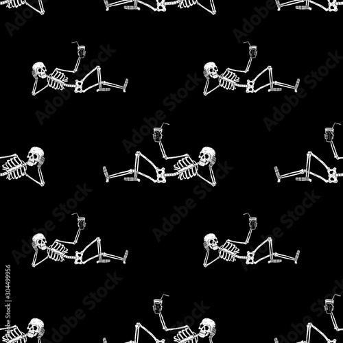 RESTING SKELETON WITH COCKTAIL SEAMLESS PATTERN BLACK BACKGROUND