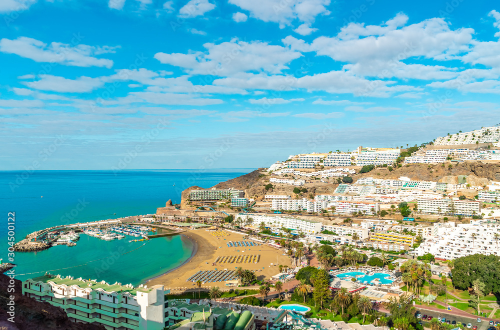 view of Puerto Rico on island of Gran Canaria, Spain
