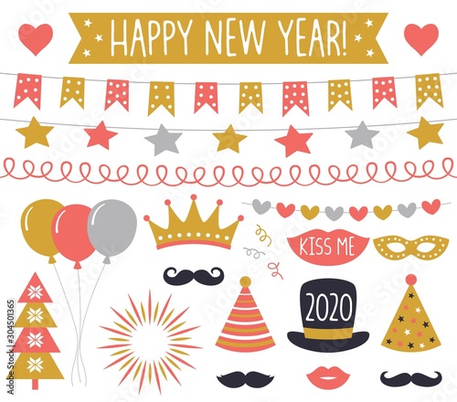 New Year 2020 vector photo booth props and decoration