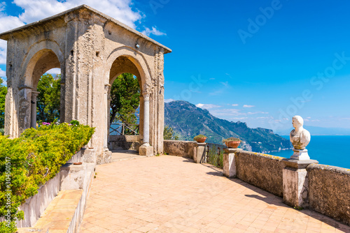 View of the historical terrace with the view of Italian coast, Ravello, Italy photo