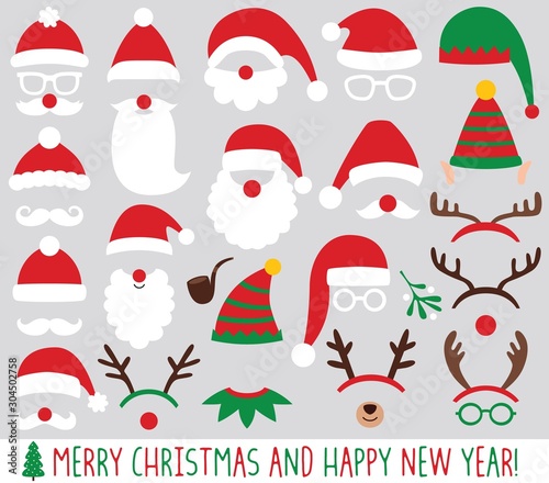 Foto Santa Claus and elf hats, reindeer antlers, Christmas party vector set
