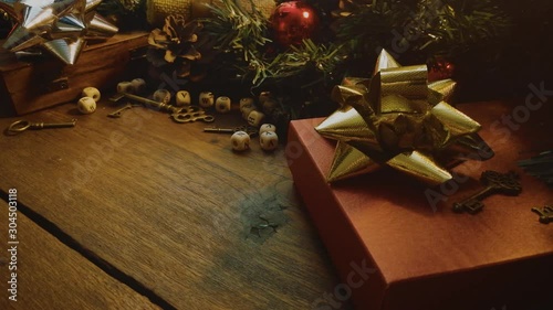The Christmas decorations on wood table for holiday content.
