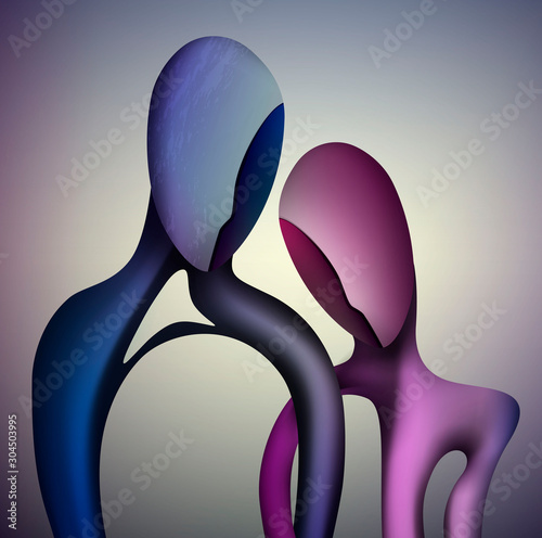 marriage concept, togetherness concept, blue man and pink woman shapes Intertwined, together forever, couple in love abstract surrealism shapes,