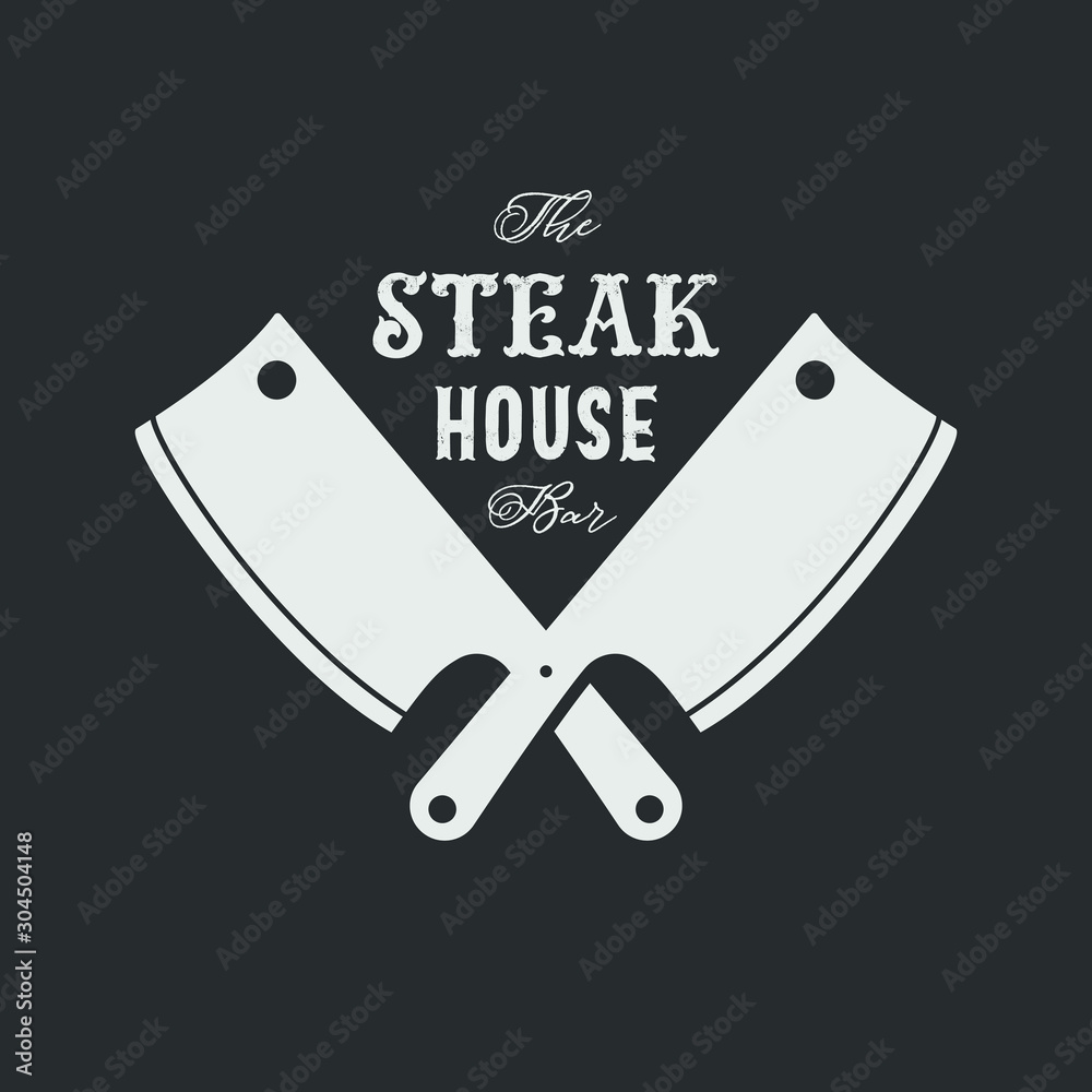 Steak house set logo with grill, steak, knife, meat, wine and beer. A ...