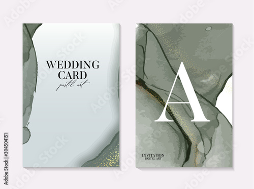 Vector save the date card in green and gold marble splashes, marble tender soft  grunge watercolor texture background. Modern texture, party design, wedding invitation
